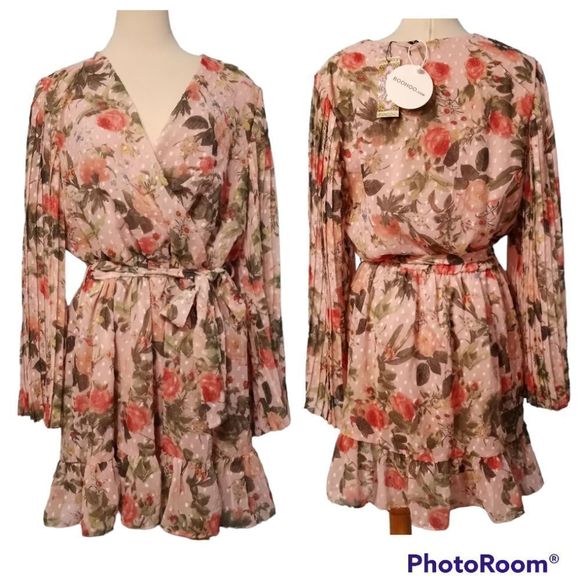 Boohoo Floral Print Belted Skater Dress Pleated Sleeve Size 12 Pink NWT - Picture 2 of 13